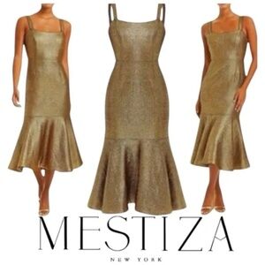 NWT Mestiza New York Jody Metallic Gold Tweed Square Neck Flutter Hem Midi Dress